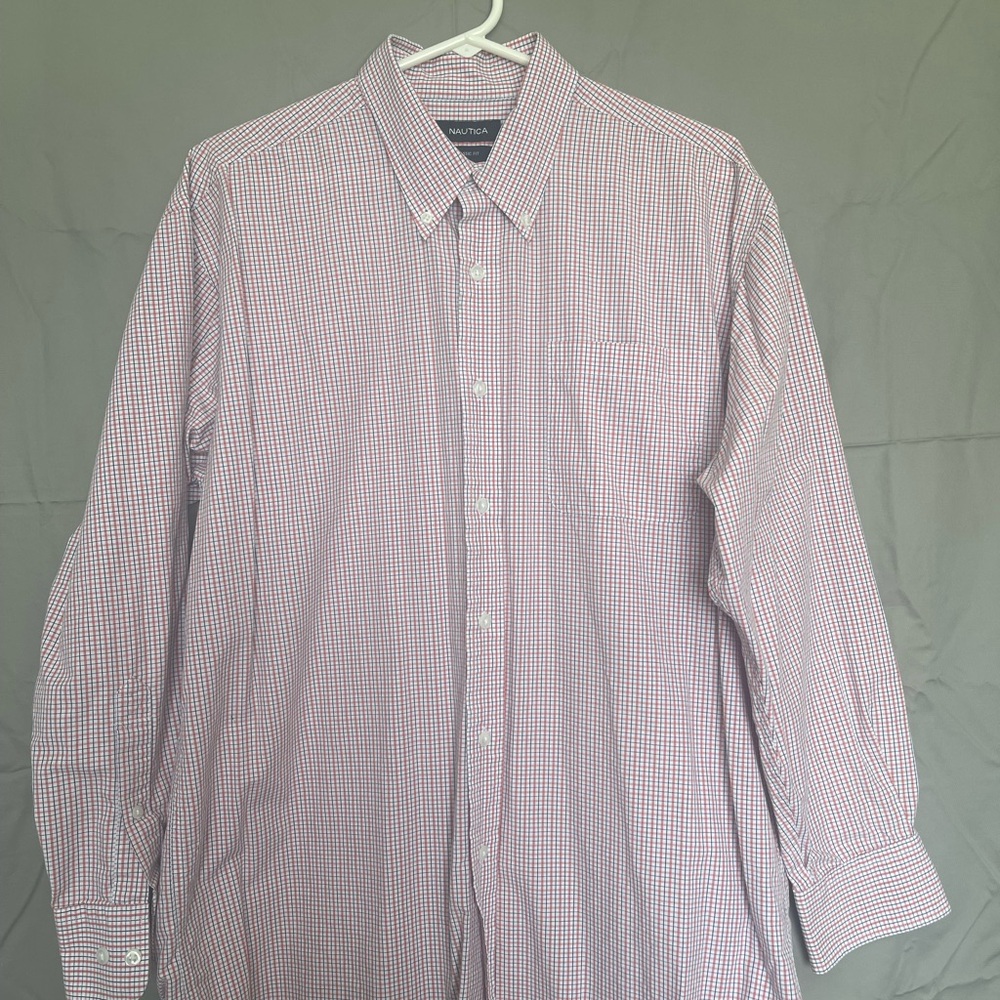 Nautica Men’s Red and White Micro-Check Button-Up Dress Shirt